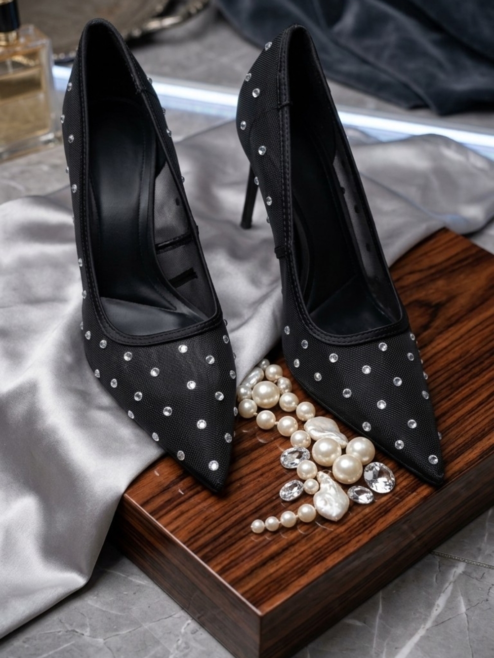Mango Black Crystal-Studded Pointed Toe Stilettos